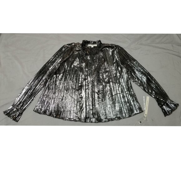 Jonathan Simkhai Blouse Metallic Silver Plisse Ruffle Flowy V Neck Holiday NYE - Picture 4 of 10